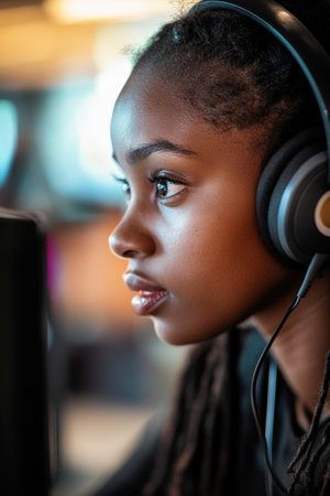 Young black woman call center worker in headphones talking to client. High quality photoの素材