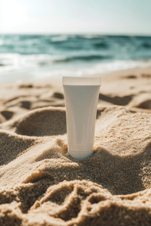 Sunscreen Mockup in Sand. White Tube on Beach. High quality photoの素材