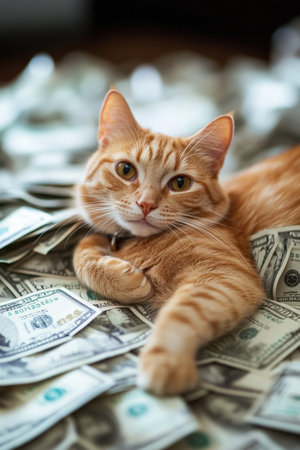 Cat lounging on a pile of money. High quality photoの素材