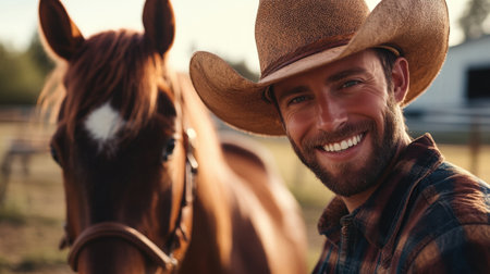 Closeup Portrait of a Cowboy and a Horse Against a Farm. High quality photoの素材