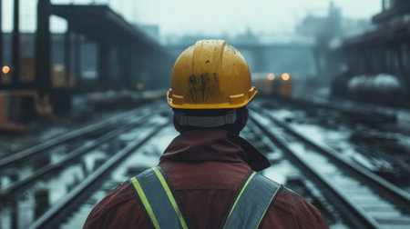 Construction worker observing intersecting railway tracks. High quality photoの素材