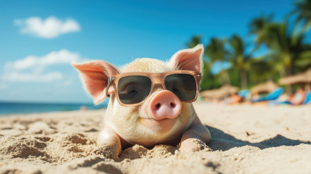 Cute piglet in sunglasses lounging on the beach. High quality photoの素材