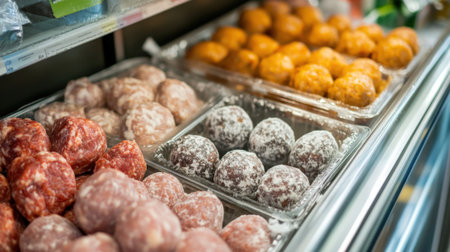 Frozen Cutlets, Meatballs, and Prepared Foods in a Freezer. High quality photoの素材