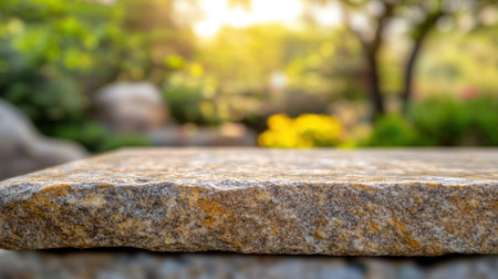 Close Up of a Stone Countertop with Blurred Farm Garden Background Natural Sunlit Bokeh. High quality photoの素材