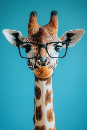 Giraffe in Glasses on a Blue Background. High quality photoの素材