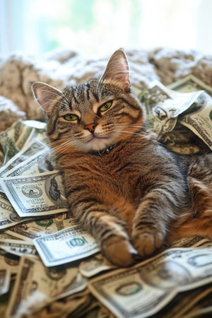 Cat lounging on a pile of money. High quality photoの素材