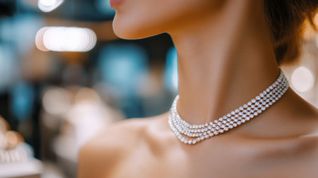 Expensive Neck Jewelry on a Woman in Front of a Jewelry Store. High quality photoの素材