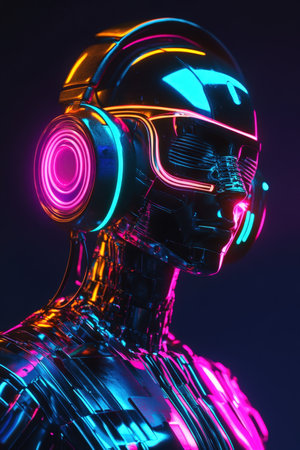 Humanoid robot listening to music with headphones. High quality photoの素材