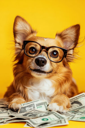 Dog with Glasses Lying in a Pile of Money on a Yellow Background. High quality photoの素材