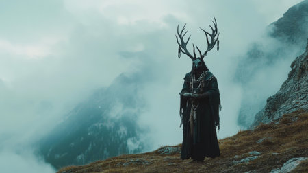 Person in Dark Ritual Attire with Horns. High quality photoの素材