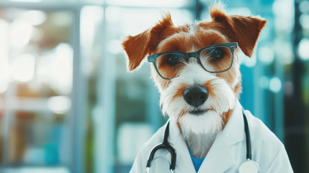 Dog in Glasses Wearing a Doctor's Suit in a Clinic. High quality photoの素材