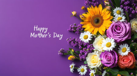 Happy Mother's Day with Sunflower Floral Arrangement on Purple Background. High quality photoの素材