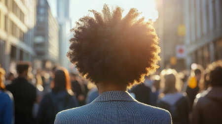 Confident Afro American Woman with Afro Hair in the City Among Crowd. High quality photoの素材