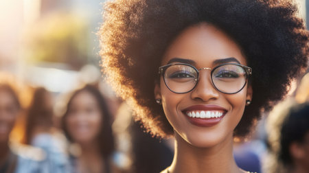 Confident Afro American Woman with Afro Hair in the City Among Crowd. High quality photoの素材