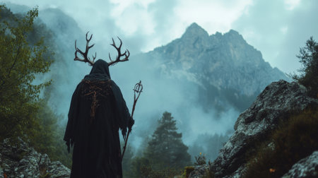 Person in Dark Ritual Attire with Horns. High quality photoの素材