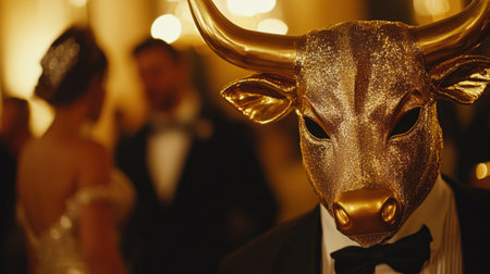 Man in a Suit Wearing a Golden Bull Mask Close-Up. High quality photoの素材