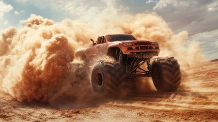 Monster Truck Kicking Up Dust While Driving in the Desert. High quality photoの素材