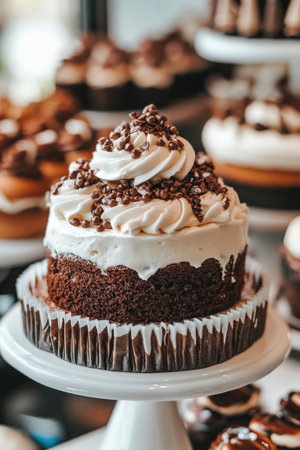 Delicious Cream-Filled Cakes on Display in a Bakery Close-Up. High quality photoの素材