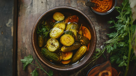 Bowl full of homemade pickles on rustic table. High quality photoの素材