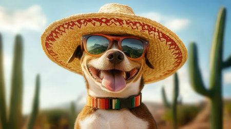 Happy Dog in Sunglasses and Sombrero Mexican Style. High quality photoの素材