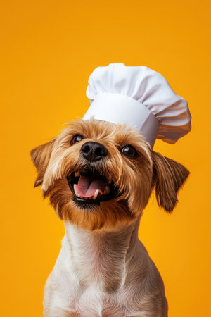 Happy Dog in a Chefs Hat on an Orange Background. High quality photoの素材