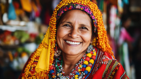 Joyful Woman in Bright Traditional Clothing and Jewelry. High quality photoの素材