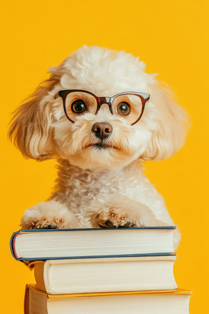 Cute Fluffy Dog in Glasses Peeks Out from Behind a Stack of Books. High quality photoの素材
