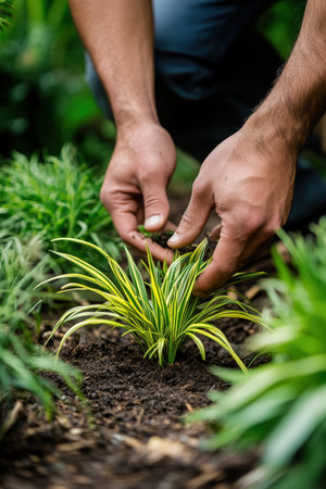 Man planting small seedling in garden. High quality photoの素材