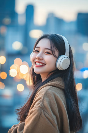 Happy Asian Girl Listening to Music with Headphones. High quality photoの素材