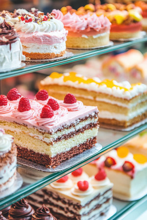 Delicious Cream-Filled Cakes on Display in a Bakery Close-Up. High quality photoの素材