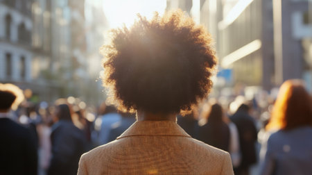 Confident Afro American Woman with Afro Hair in the City Among Crowd. High quality photoの素材
