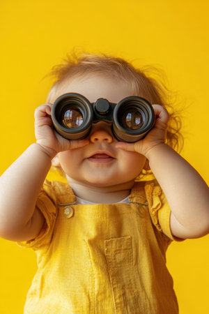 Cheerful baby peering through binoculars on yellow background. High quality photoの素材