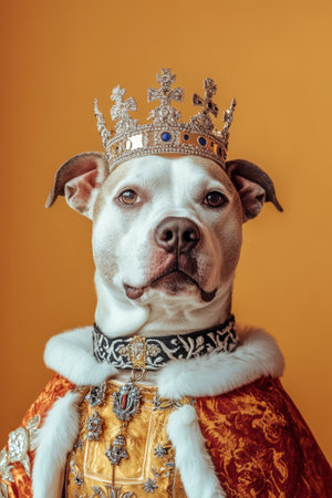 Cute Dog in a Crown and Royal Clothes on an Orange Background. High quality photoの素材