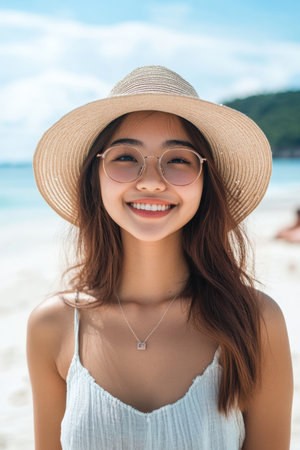 Beautiful Positive Young Asian Woman in Hat and Sunglasses on Beach Background. High quality photoの素材