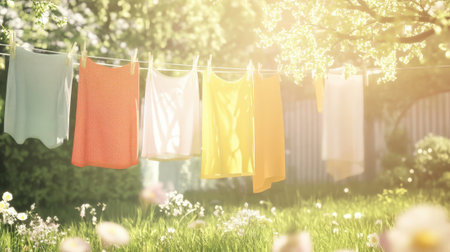 Colorful Laundry on a Clothesline Outdoors. Freshly Washed Clothes Drying Outside. High quality photoの素材