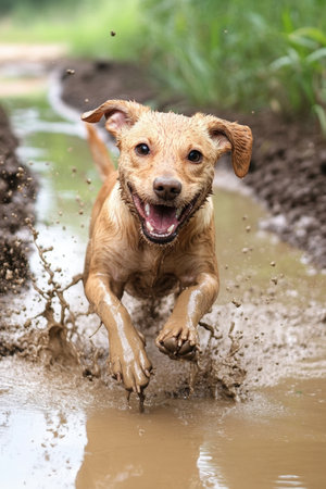 Happy Dirty Dog Playing in a Mud Puddle on a Sunny Day. High quality photoの素材