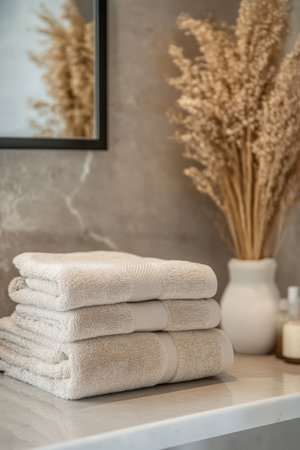 Stack of Fresh Towels on Bathroom Table CloseUp in Hotel. High quality photoの素材