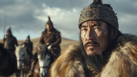 Mongolian leader intently observing his mounted warriors. High quality photoの素材