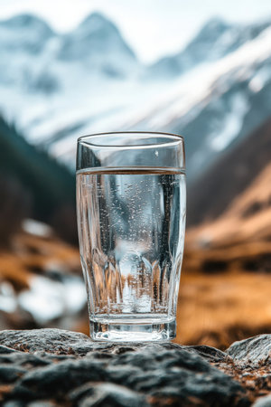 Glass of pure mineral water against mountain backdrop. High quality photoの素材