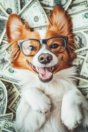 Happy Dog in Glasses Lying on Top of a Pile of Money. High quality photoの素材