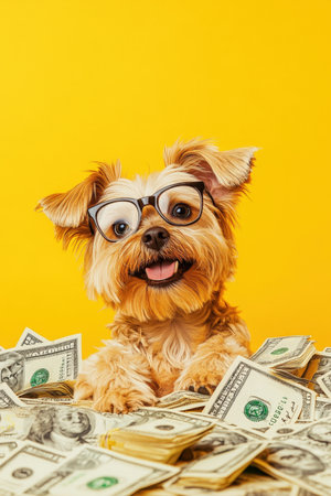 Dog with Glasses Lying in a Pile of Money on a Yellow Background. High quality photoの素材