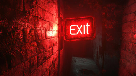 Glowing Red Exit Sign Illuminating a Dark Corridor. High quality photoの素材