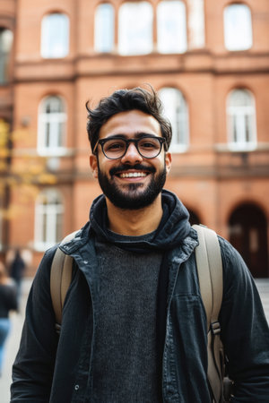 Portrait of a Smiling Indian Student in Front of University. High quality photoの素材