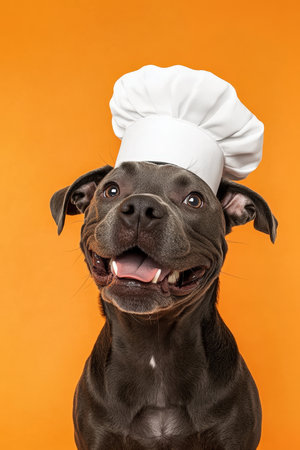 Happy Dog in a Chefs Hat on an Orange Background. High quality photoの素材