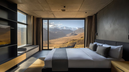 Modern Minimalist Luxury Hotel Room with Mountain View. High quality photoの素材