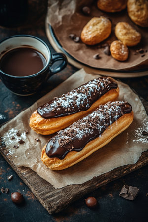 Two Eclairs with Chocolate Glaze on a Table Close Up. Vertical Photo. High quality photoの素材