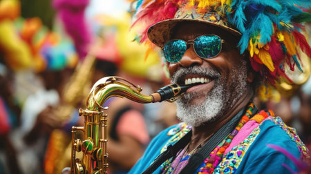 Black Musician Playing Saxophone in Vibrant Costume at Parade. High quality photoの素材