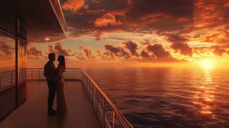 Romantic couple standing on cruise ship deck. High quality photoの素材