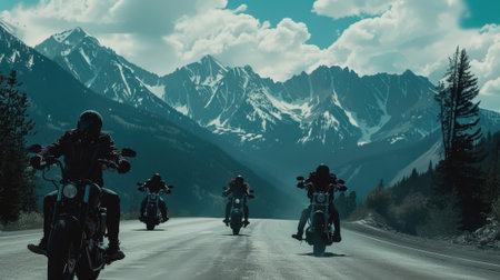 Group of Motorcyclists in Black Clothing on the Road. High quality photoの素材