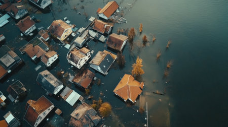 evastating Flooding Submerged Houses, Aerial View. High quality photoの素材